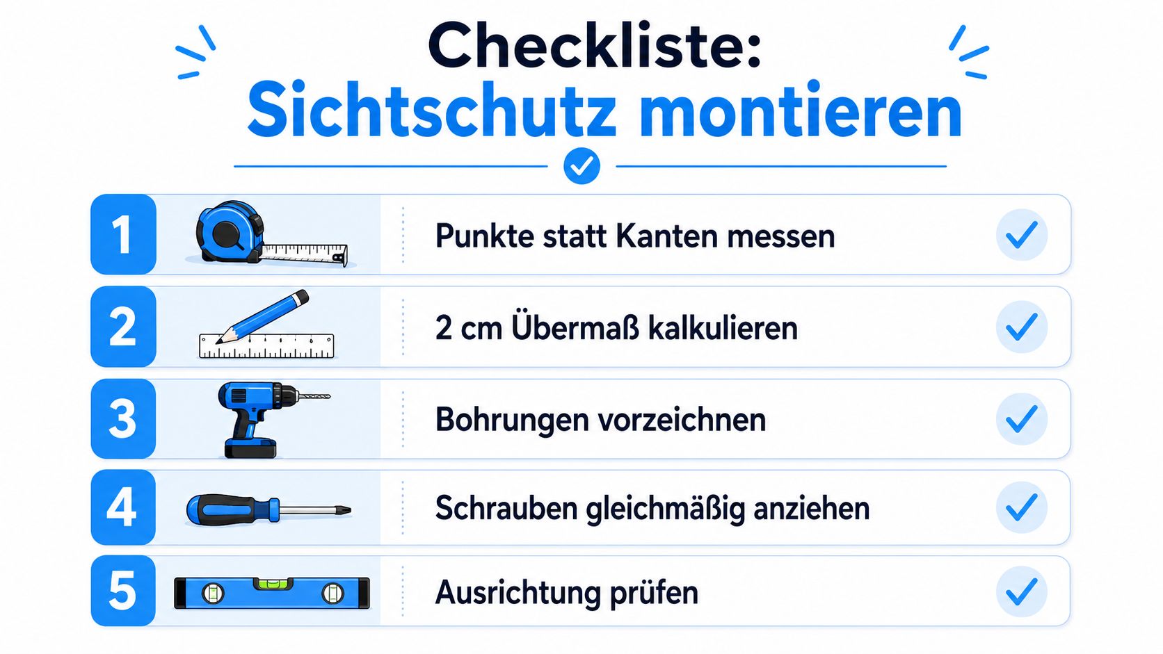 Sichtschutz Balkon transparent: Materialien und Tipps 5 Eine Checkliste mit fünf Schritten für die fachgerechte Montage eines Sichtschutzes, illustriert mit entsprechenden Werkzeug-Icons.