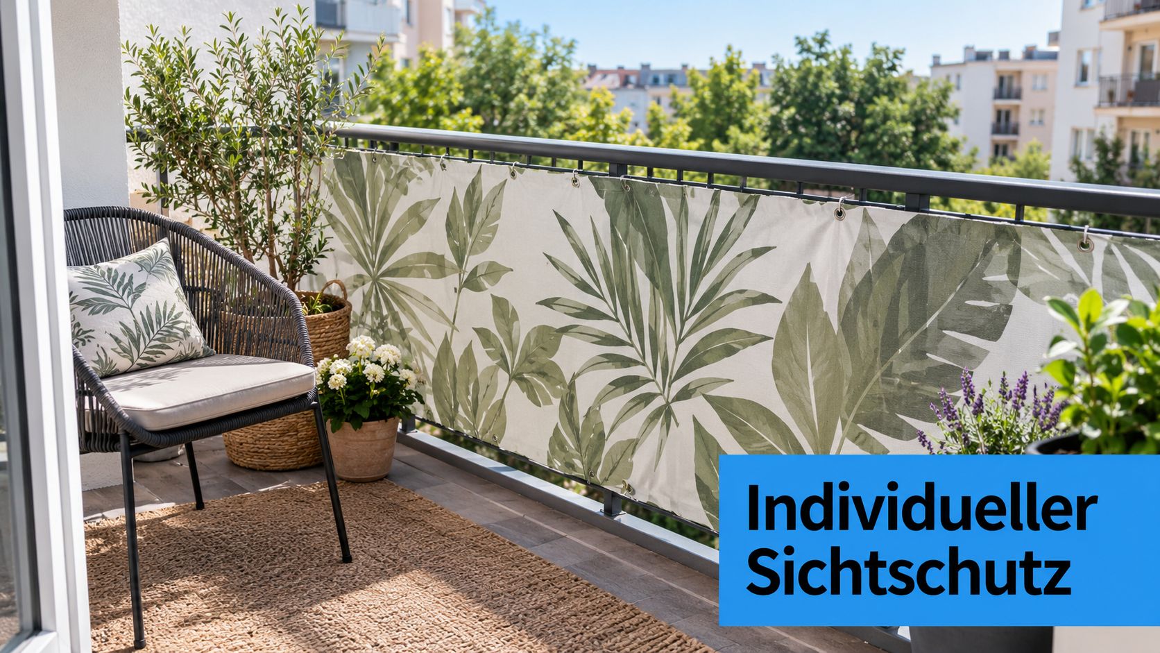 8 Balkon renovieren Ideen für mehr Komfort 3 Ein moderner Balkon mit stilvollem Sichtschutz im Blätterdesign, einem gemütlichen Stuhl und verschiedenen Grünpflanzen in Töpfen.