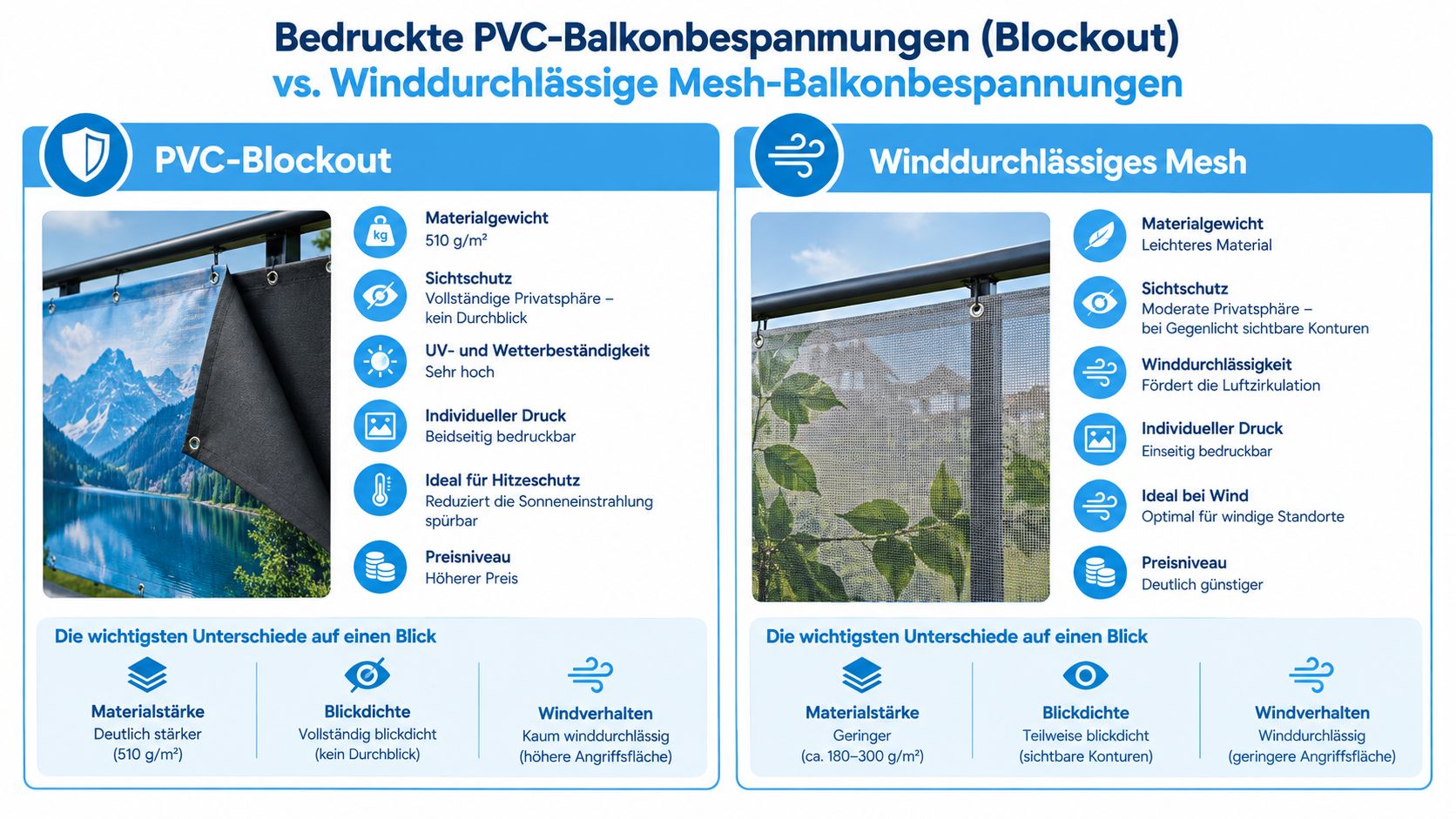 8 balkon sonnenschutz ideen für jeden Balkon 3 Vergleichsgrafik zwischen bedruckten PVC-Blockout und winddurchlässigen Mesh-Balkonbespannungen mit Details zu Material, Sichtschutz und Witterungsbeständigkeit.