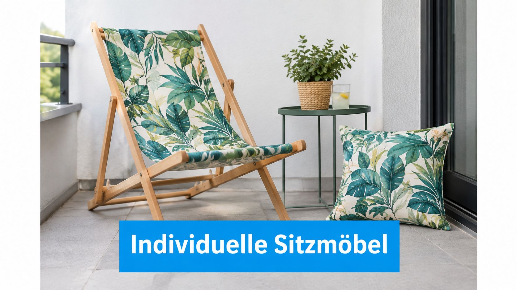 8 balkon sonnenschutz ideen für jeden Balkon 6 Ein moderner Liegestuhl mit tropischem Blättermuster und passendem Kissen auf einem gemütlichen, sonnigen Balkon mit kleinem Tisch.