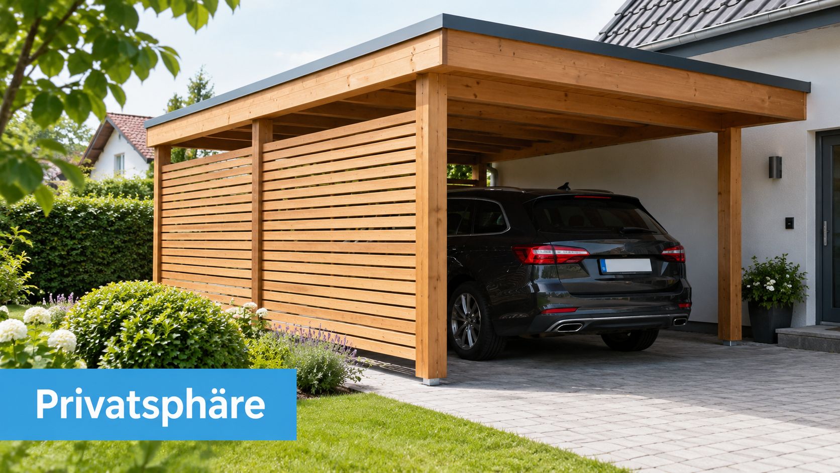 Carport Sichtschutz Ideen: So wählen Sie das passende Modell 3 Ein moderner Holz-Carport mit integriertem Sichtschutz aus Holzlamellen steht neben einem Wohnhaus mit schwarzem Auto.