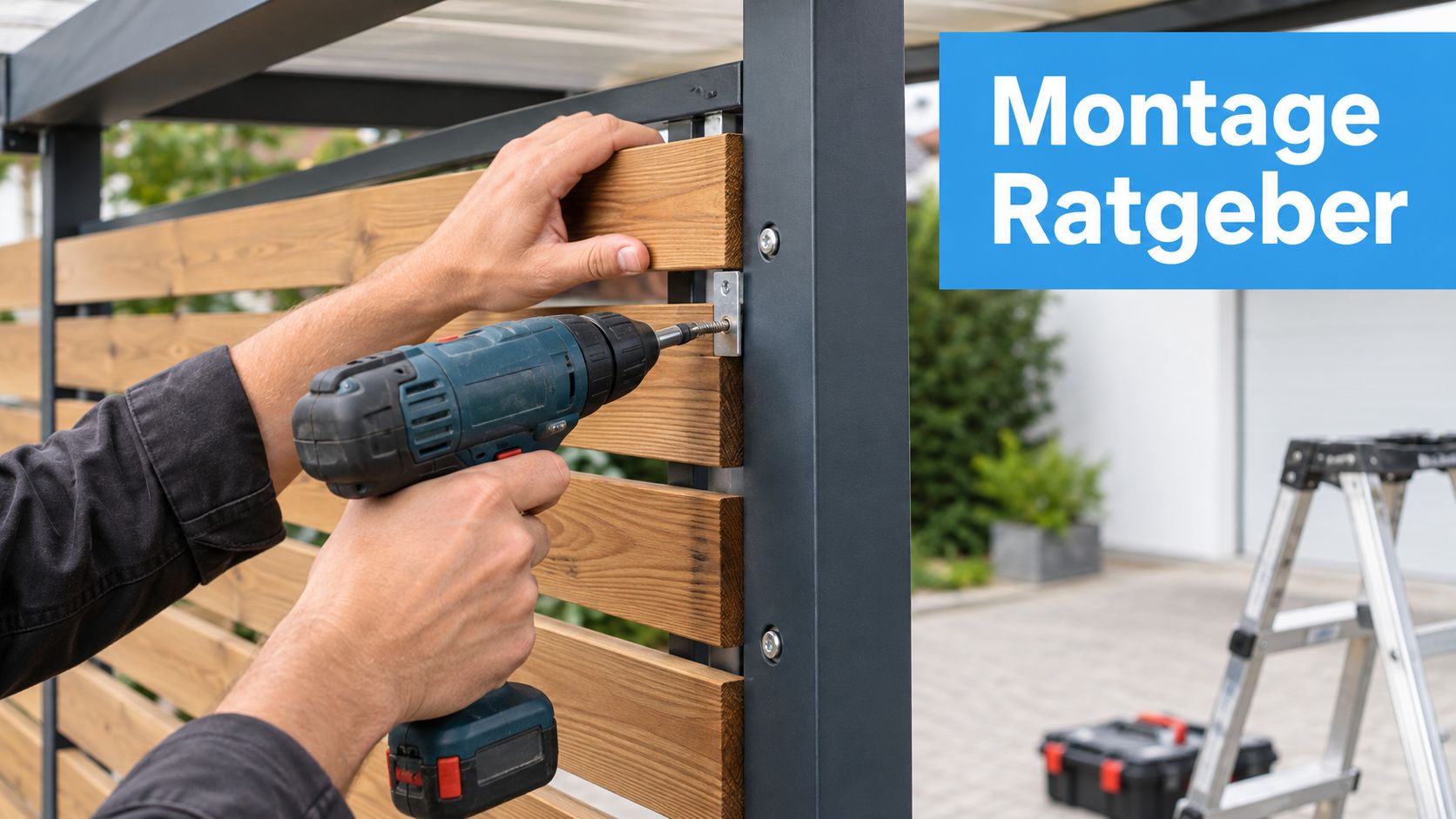 Carport Sichtschutz Ideen: So wählen Sie das passende Modell 5 Ein Handwerker montiert mit einem Akkuschrauber ein Holzpaneel an einen Sichtschutz aus Metall für ein Carport.