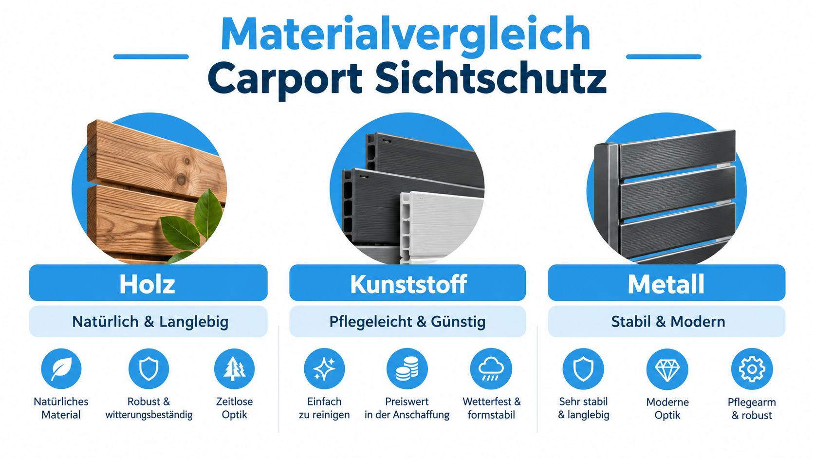 Carport Sichtschutz Ideen: So wählen Sie das passende Modell 4 Vergleich von Materialien für den Carport Sichtschutz: Holz, Kunststoff und Metall mit ihren jeweiligen Eigenschaften übersichtlich dargestellt.