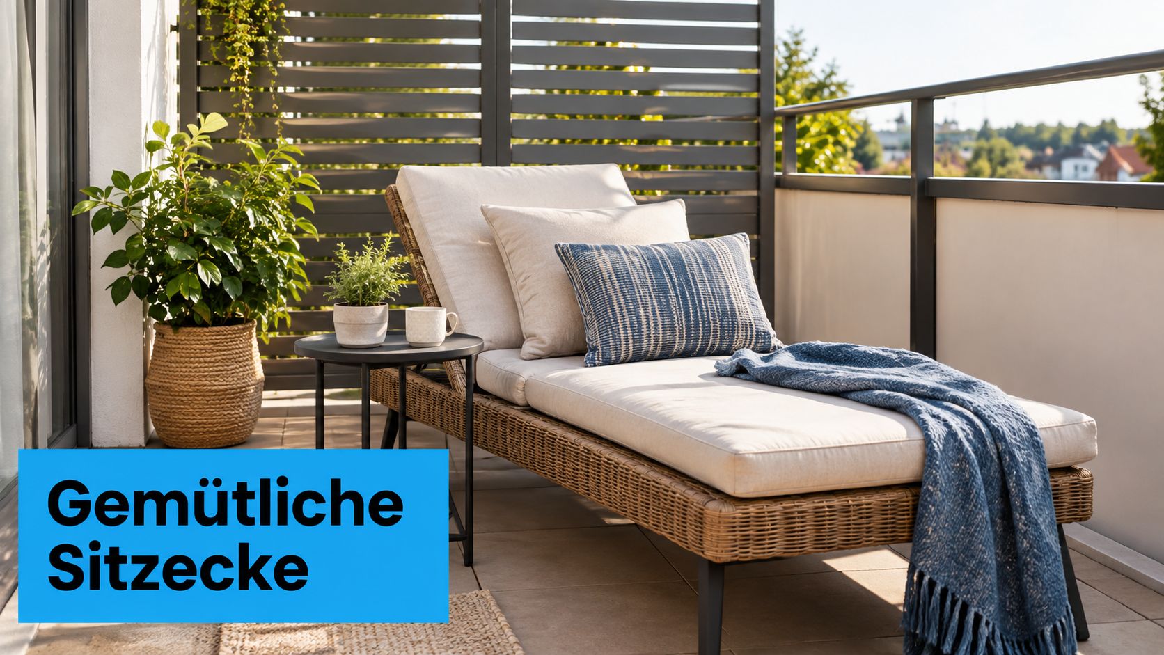 Balkon gemütlich gestalten: 20 Ideen für kleine und große Balkone 3 Eine entspannte Balkonecke mit einer bequemen Sonnenliege, Kissen, einer Decke und einer grünen Pflanze im Topf.