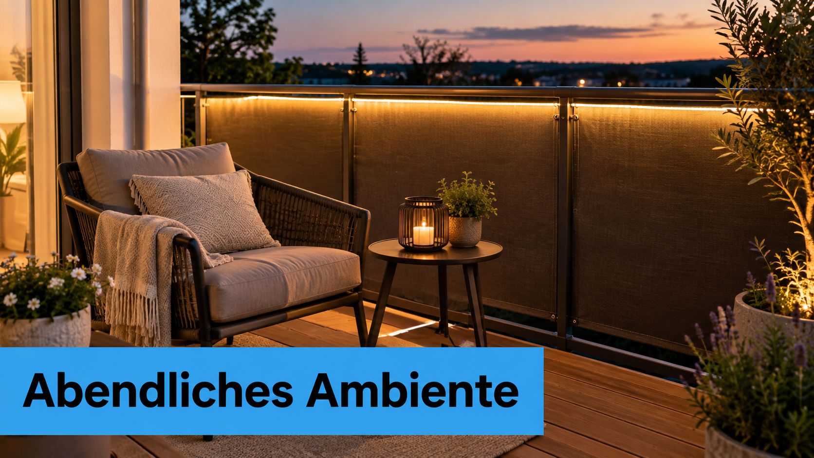 Balkon gemütlich gestalten: 20 Ideen für kleine und große Balkone 4 Ein gemütlich eingerichteter Balkon am Abend mit stimmungsvoller Beleuchtung, einem bequemen Sessel und vielen Pflanzen.