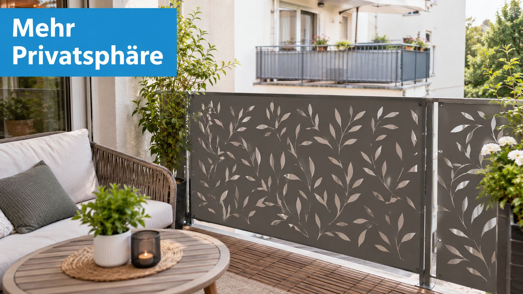 Sichtschutzzaun Motiv: Design, Material und Montage 3 Ein moderner Balkon mit einem grauen Sichtschutzzaun aus Metall mit hübschem Blattmotiv für mehr Privatsphäre.