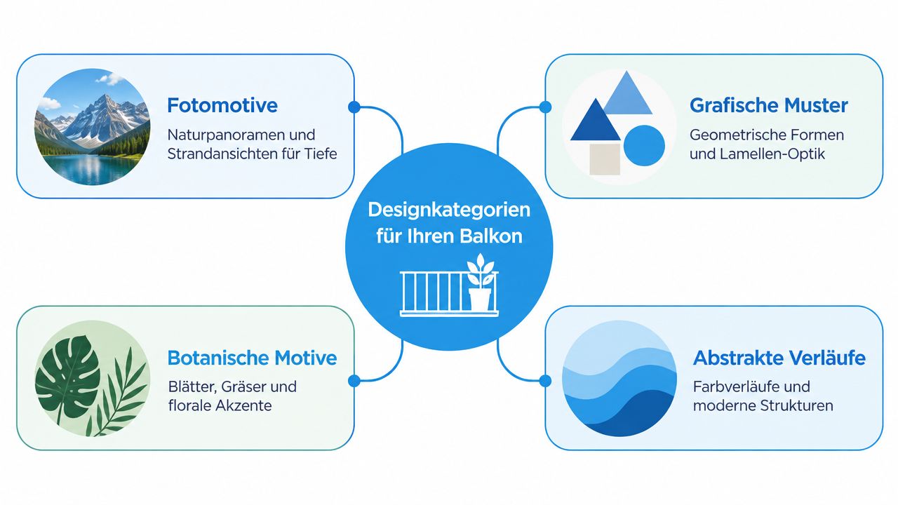 Sichtschutzzaun Motiv: Design, Material und Montage 4 Übersichtsgrafik der verschiedenen Designkategorien für Balkon-Sichtschutz mit fotorealistischen, grafischen, botanischen und abstrakten Mustern.