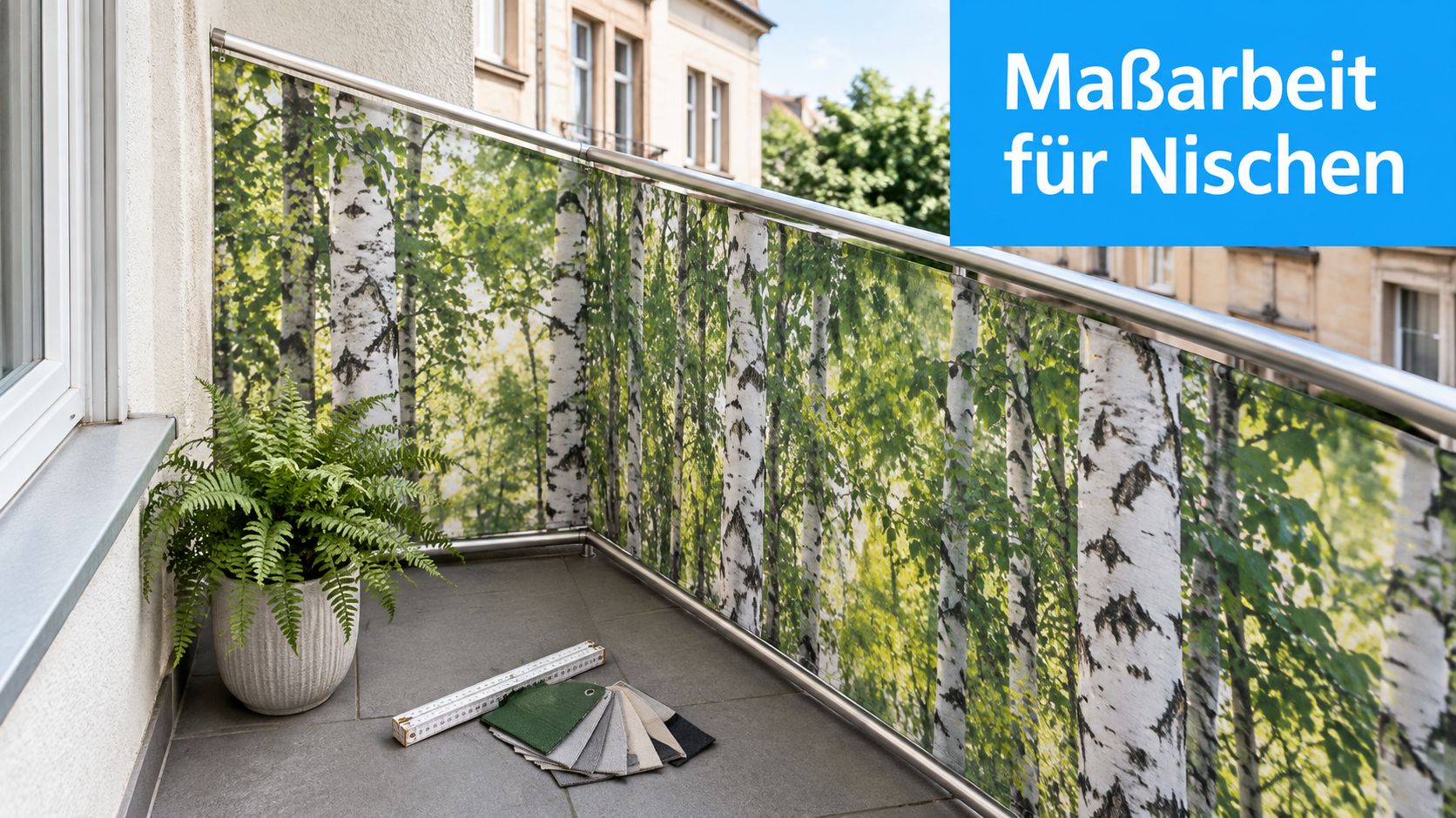 Terrasse Sichtschutz Ideen für mehr Privatsphäre 5 Ein bedruckter Balkonsichtschutz mit Birkenwaldmotiv auf einem Balkon neben einer Pflanze und einem Zollstock mit Stoffmustern.