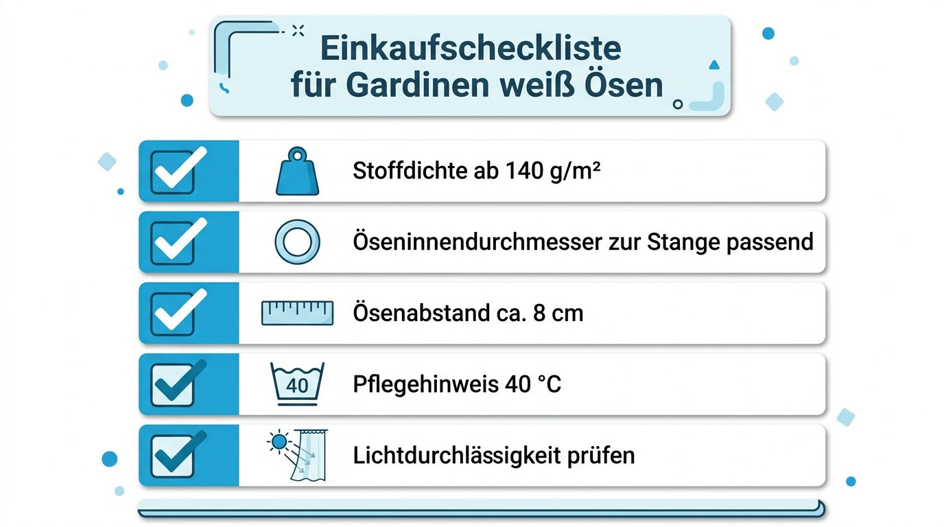 Gardinen weiß Ösen kaufen: Stoffe, Maße und Aufhängung 6 Eine Checkliste für den Einkauf von weißen Ösengardinen mit fünf wichtigen Kriterien für die Auswahl.