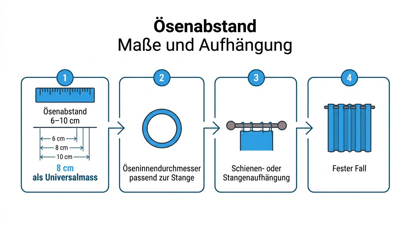 Gardinen weiß Ösen kaufen: Stoffe, Maße und Aufhängung 4 Eine Infografik zur Anleitung der korrekten Abstände und Aufhängung von Ösenvorhängen für eine ideale Faltenbildung.