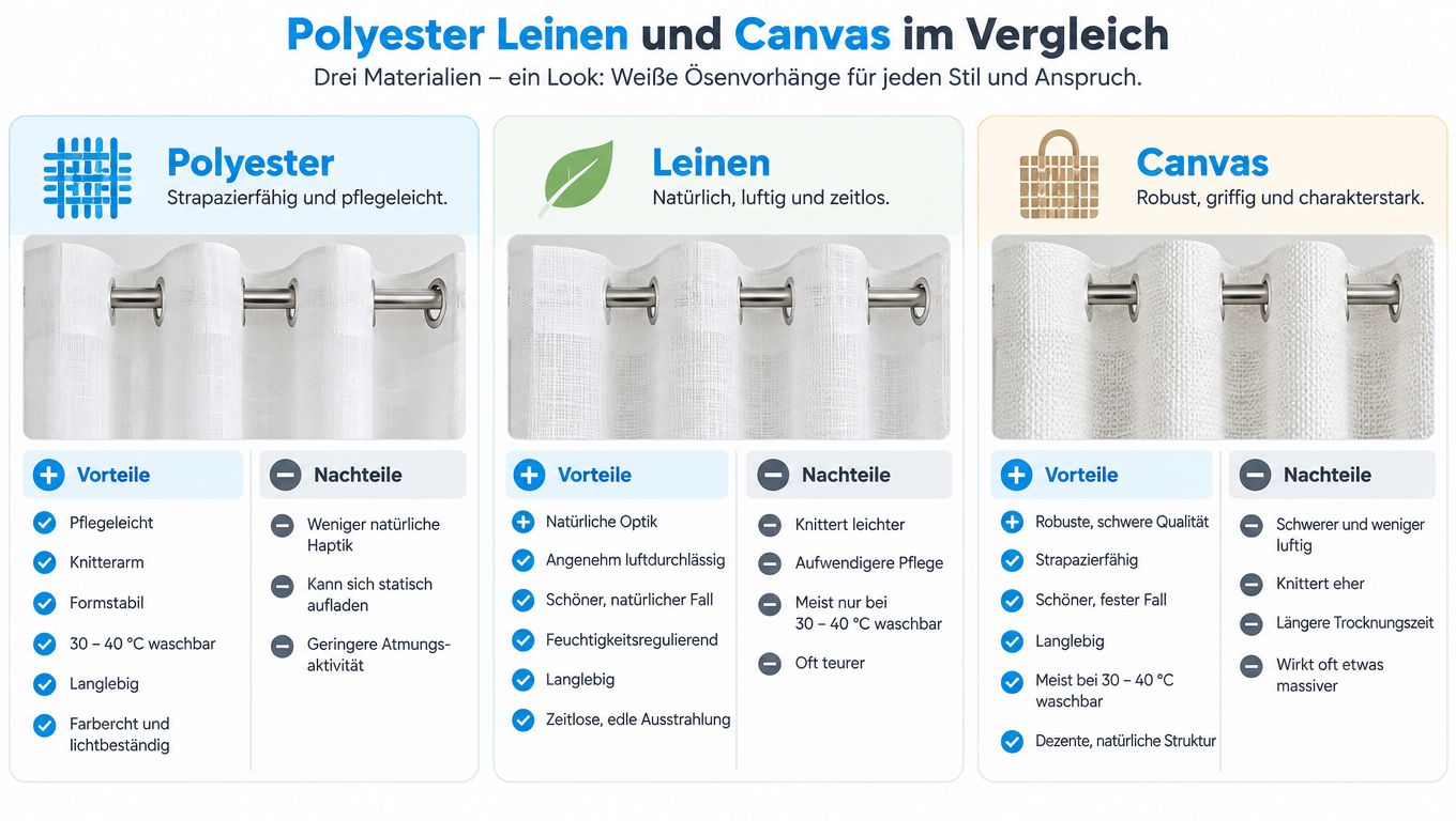 Gardinen weiß Ösen kaufen: Stoffe, Maße und Aufhängung 3 Vergleichsgrafik von weißen Ösenvorhängen aus Polyester, Leinen und Canvas mit ihren jeweiligen Vor- und Nachteilen.